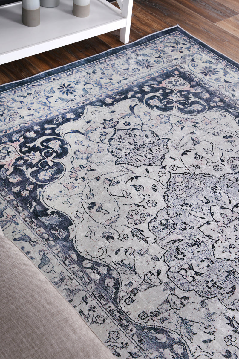 Divine Navy Medallion Non-Slip Rug