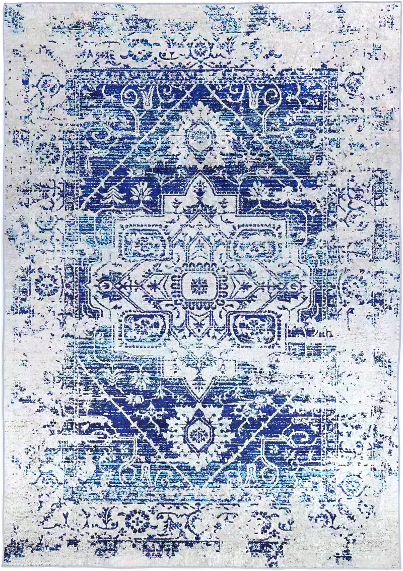 Divine Distressed Navy White Traditional Non-Slip Rug