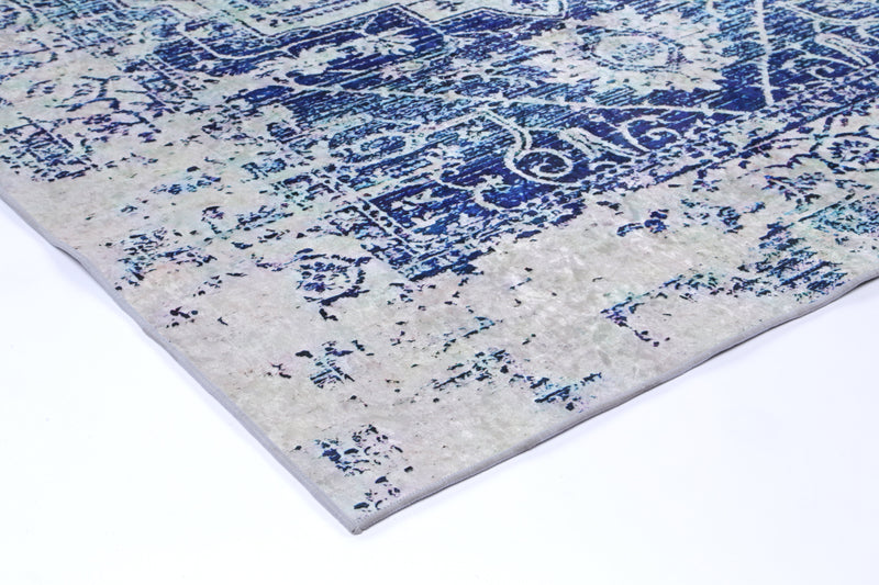 Divine Distressed Navy White Traditional Non-Slip Rug