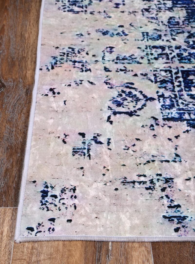 Divine Distressed Navy White Traditional Non-Slip Rug