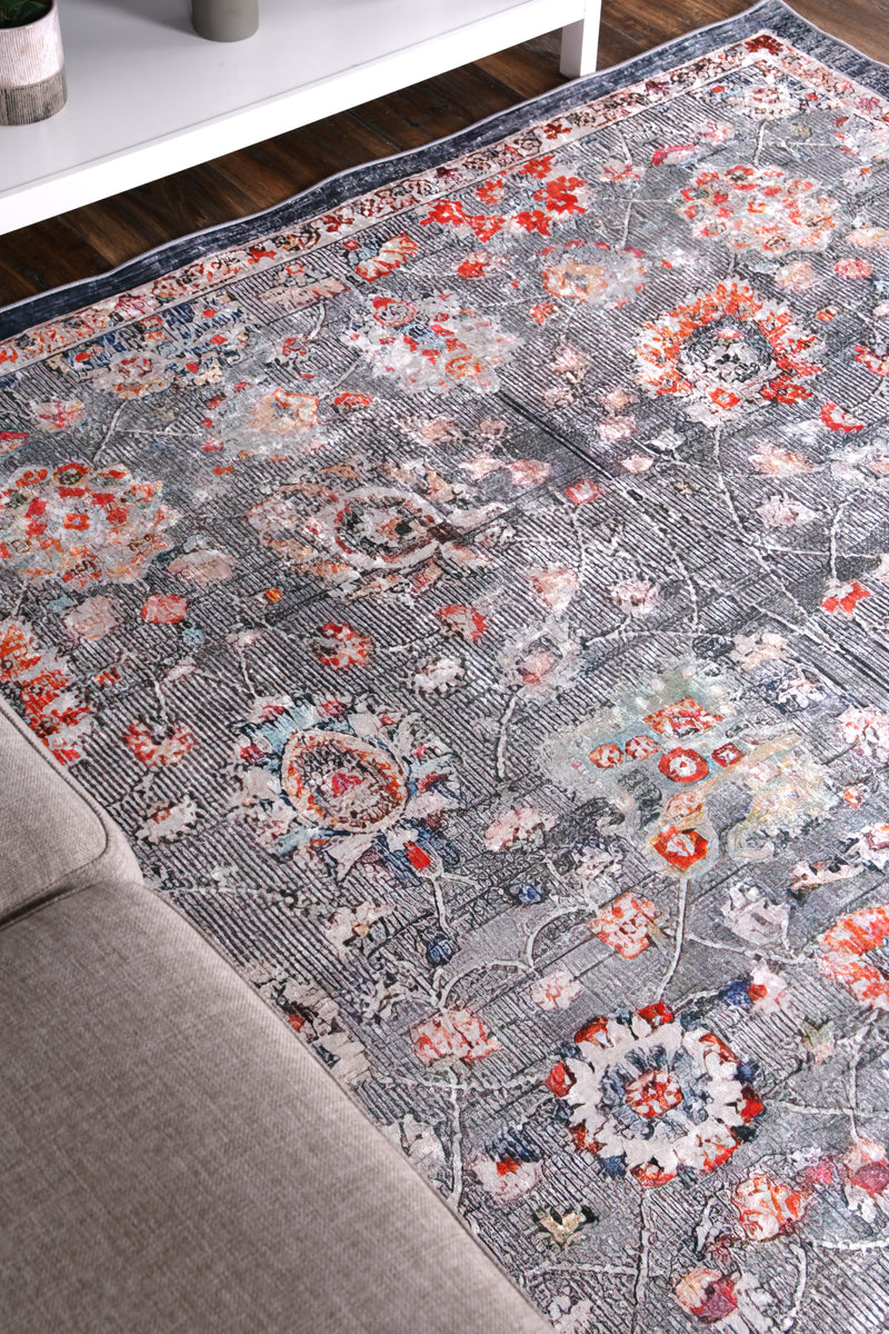 Divine Distressed Floral Grey Multi Non-Slip Rug