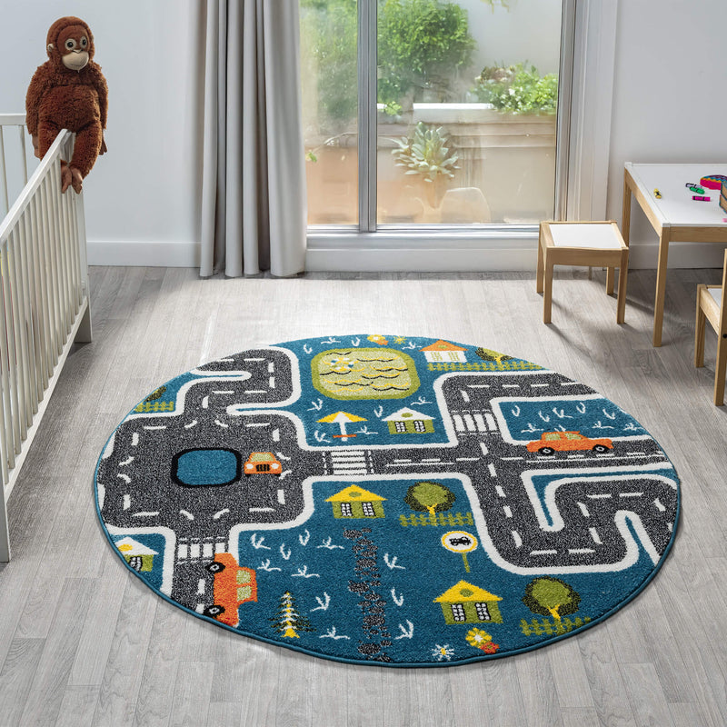 KidsVillage Street Blue Round Rug
