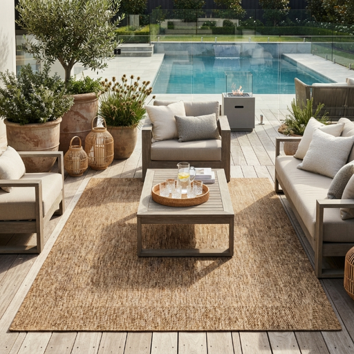 A large natural sisal outdoor area rug in a neutral tan colour, styled in a modern patio setting with a wooden coffee table, beige and grey outdoor lounge chairs, and a swimming pool in the background.