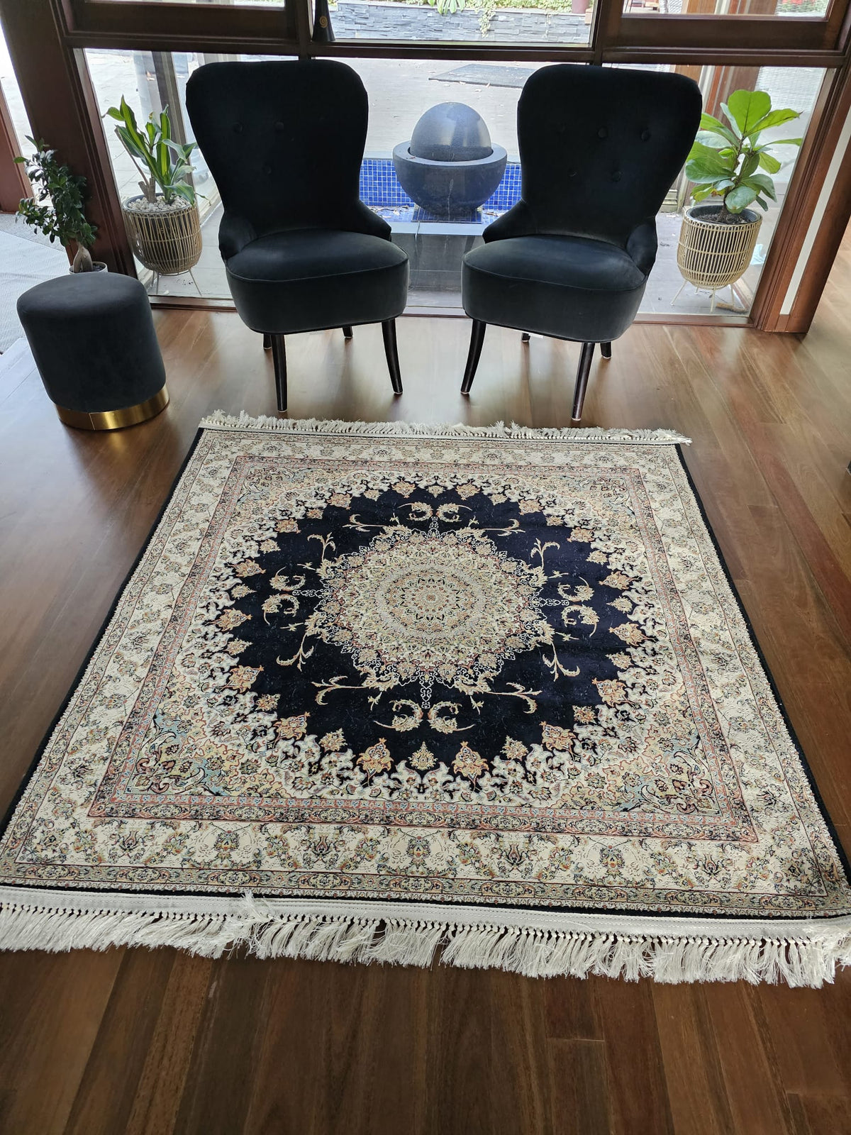 Hakamanesh Aria Persian Black Cream Rug — SydneyRugsOnline