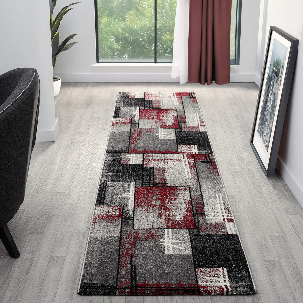 Modern Red Runner Rug Modern Geometric Style Soft Turkey shed-resistant and anti-static Red ...