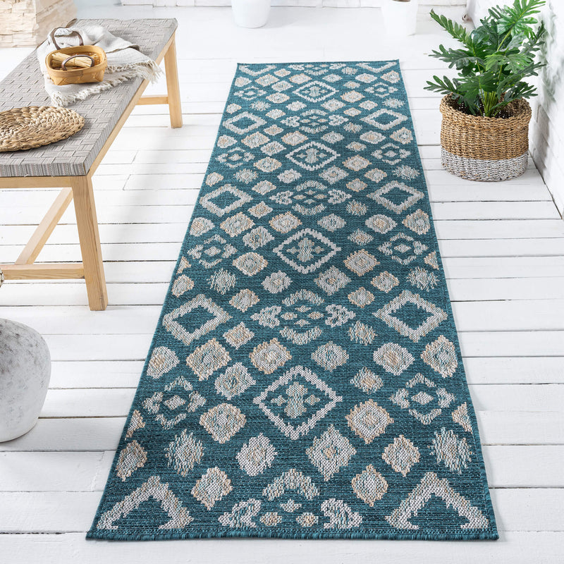 Exterior Diamond weave Turquoise Runner Rug