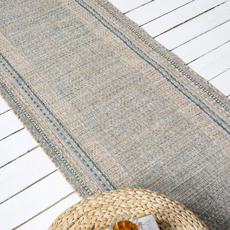 Exterior Plain Border Blue Runner Rug