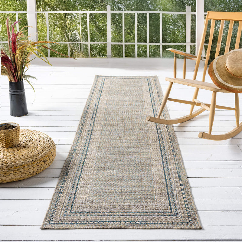 Exterior Plain Border Blue Runner Rug