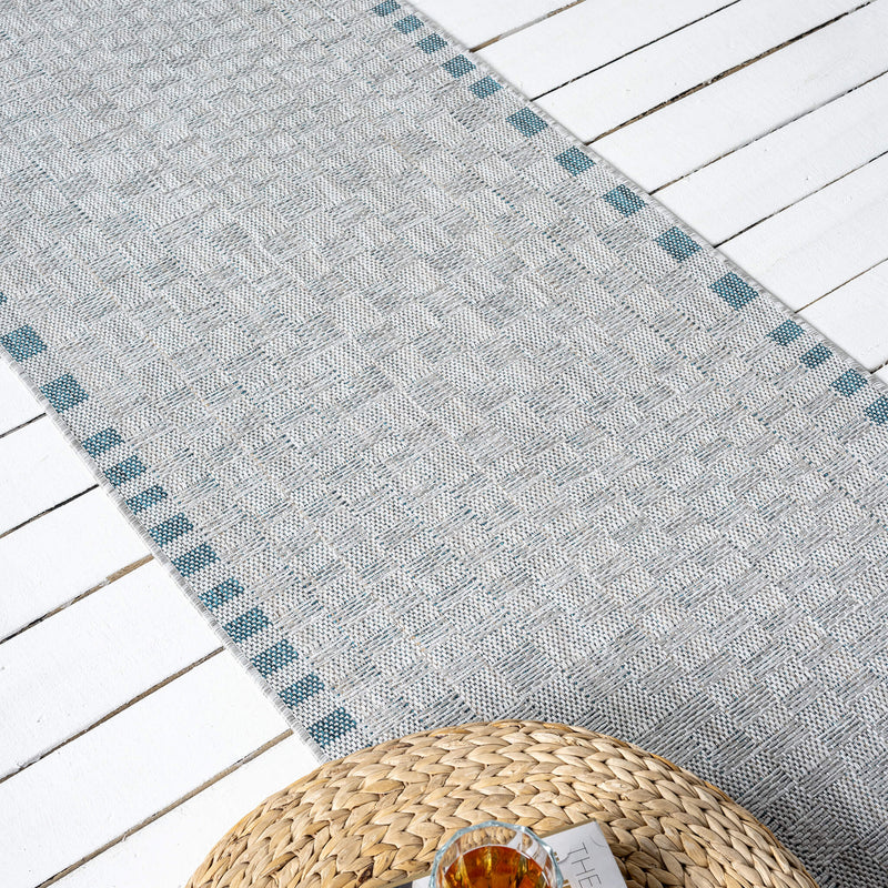 Exterior Cloud Border Blue Runner Rug