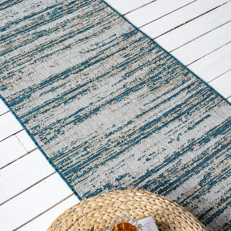 Exterior Mixed Beige Blue Runner Rug