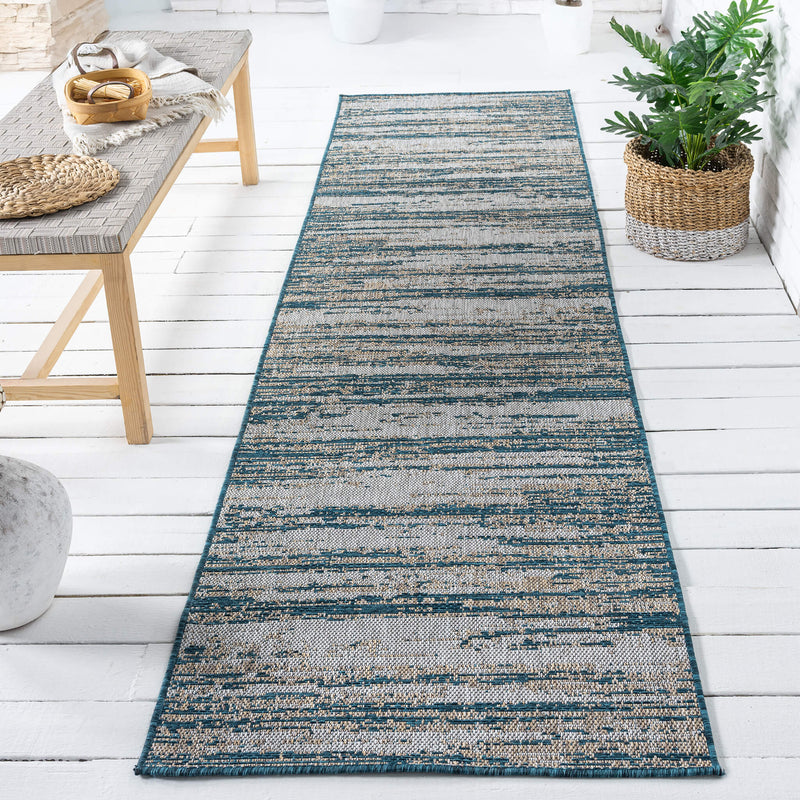 Exterior Mixed Beige Blue Runner Rug