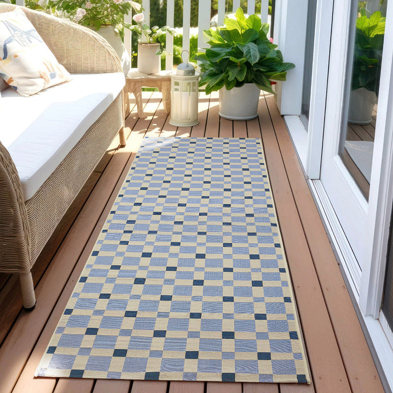 Terra Square Pattern Blue Runner Rug