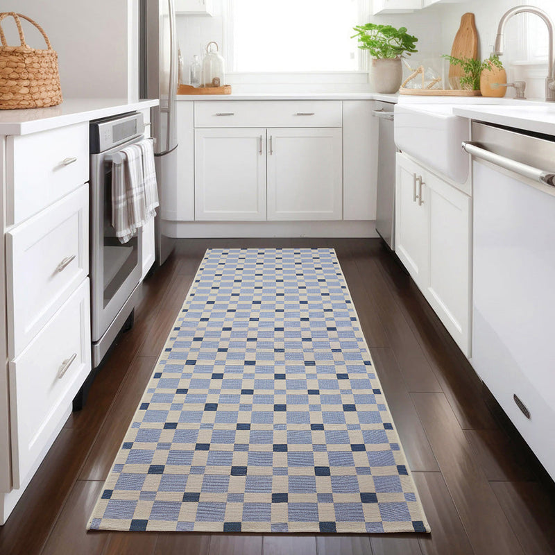 Terra Square Pattern Blue Runner Rug