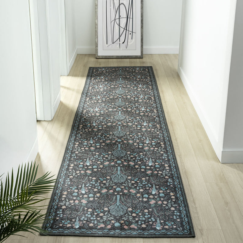 Retro Tree Blue Charcoal Runner Rug
