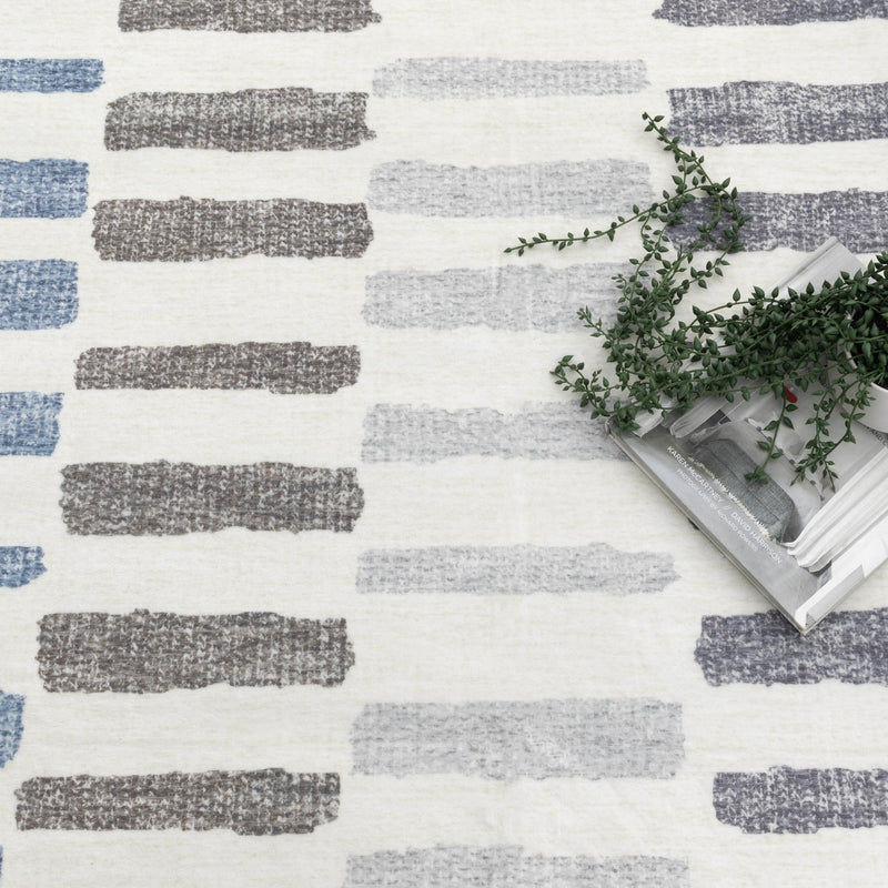 Carewell Stripes Machine Washable Beige Blue Rug