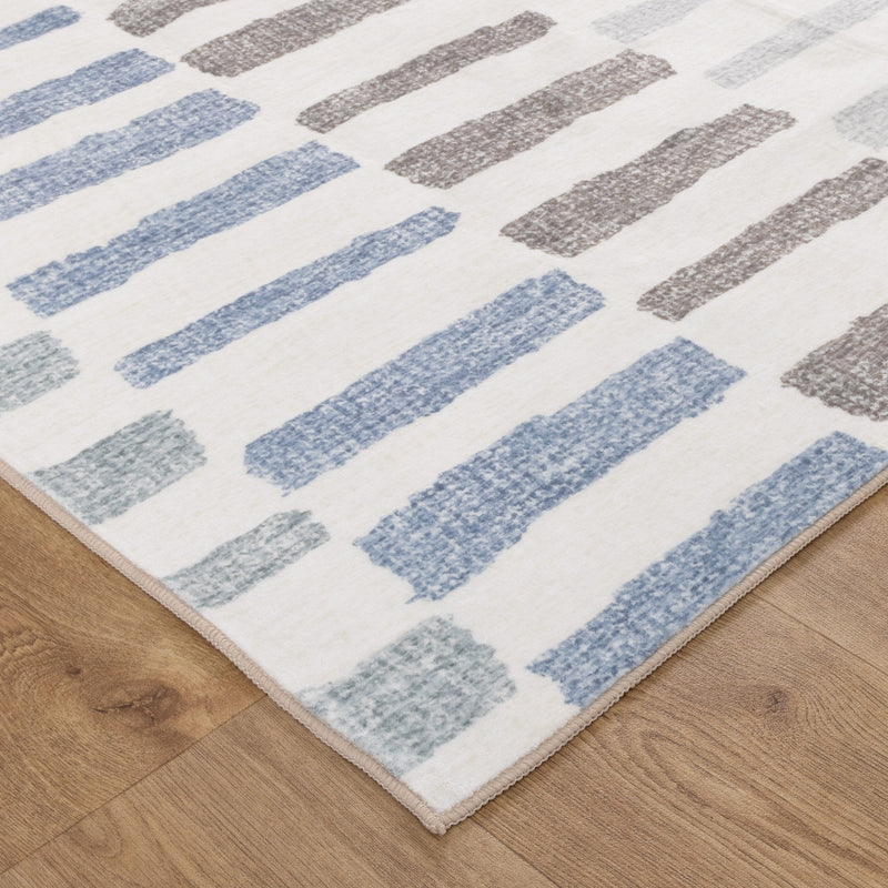 Carewell Stripes Machine Washable Beige Blue Rug