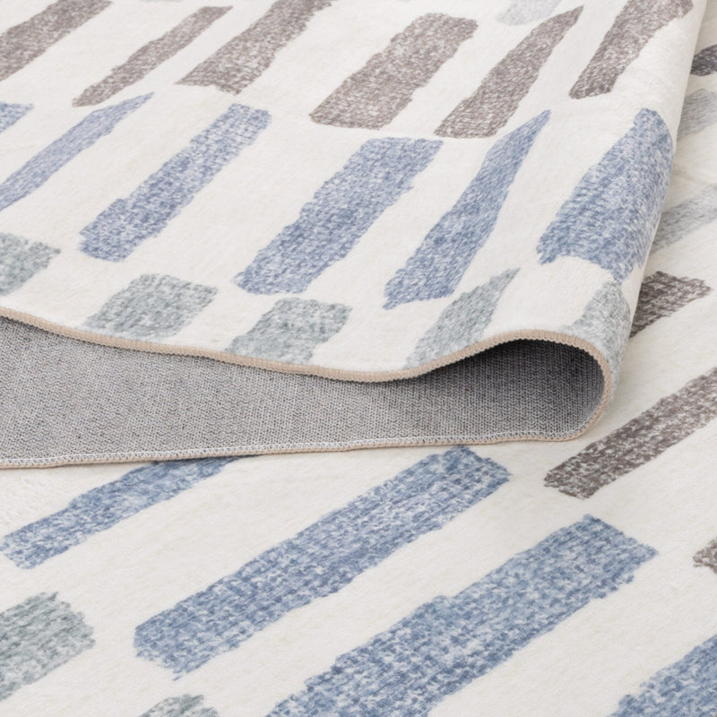 Carewell Stripes Machine Washable Beige Blue Rug