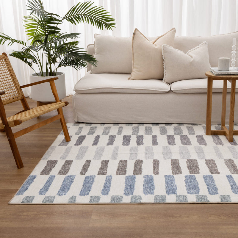 Carewell Stripes Machine Washable Beige Blue Rug