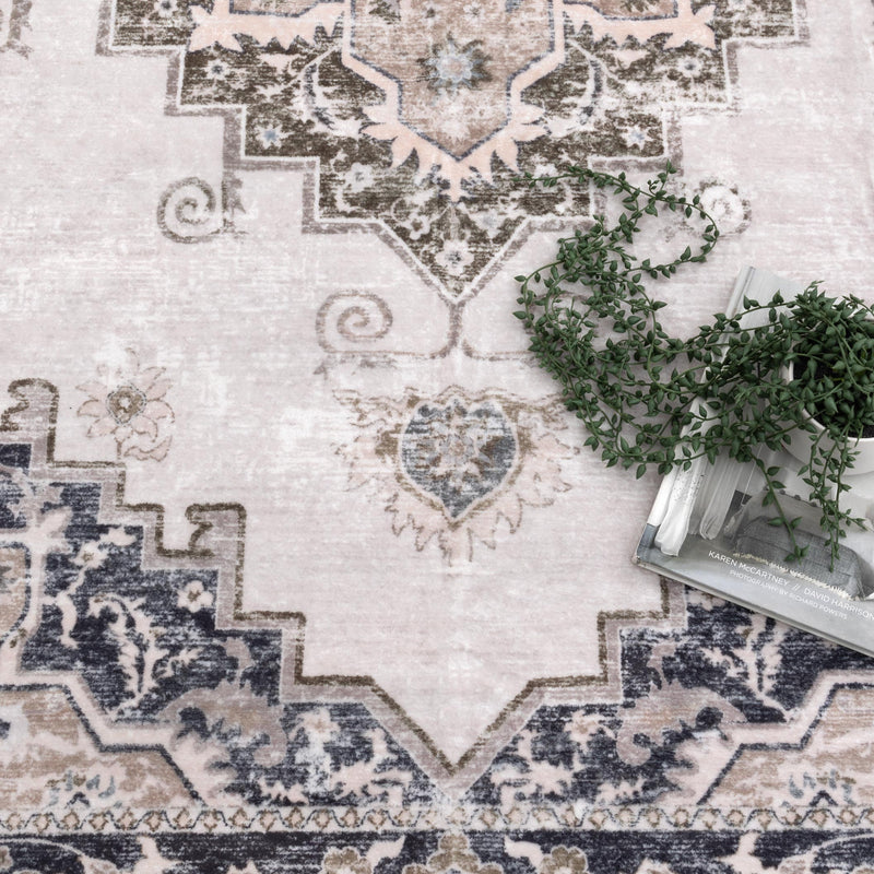 Carewell Medallion Machine Washable Beige Grey Rug