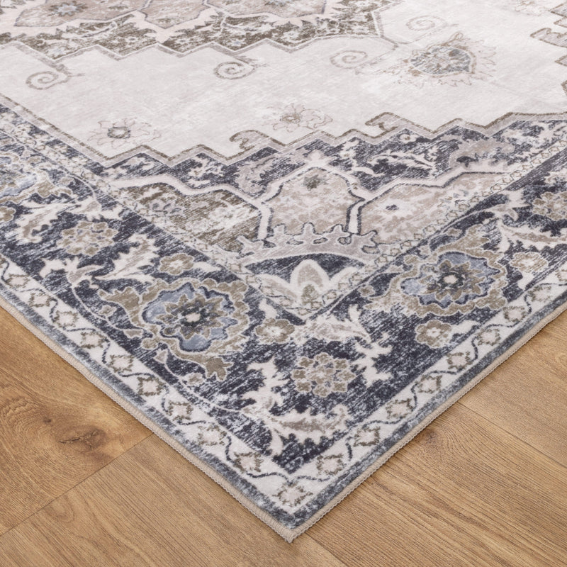 Carewell Medallion Machine Washable Beige Grey Rug