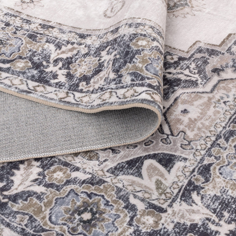 Carewell Medallion Machine Washable Beige Grey Rug