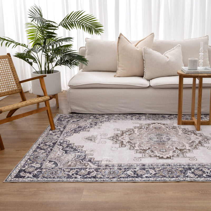 Carewell Medallion Machine Washable Beige Grey Rug
