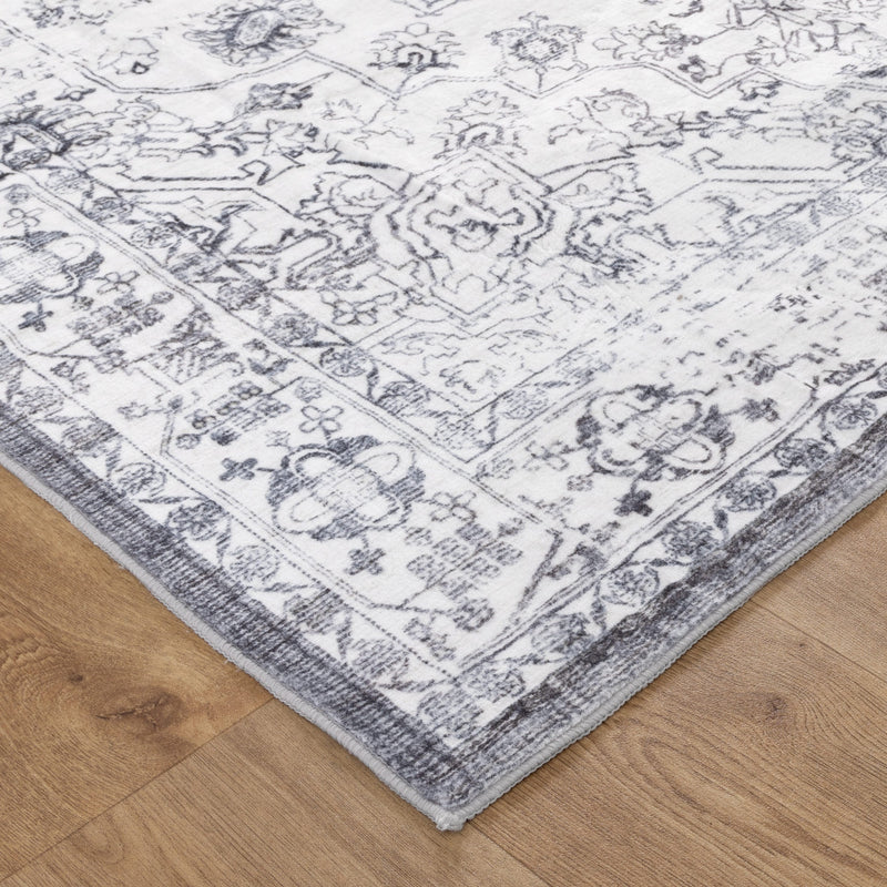 Carewell Medallion Machine Washable White Blue Rug