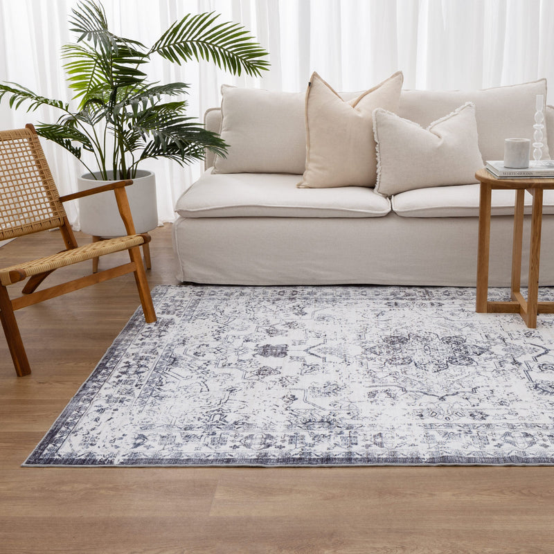 Carewell Medallion Machine Washable White Blue Rug