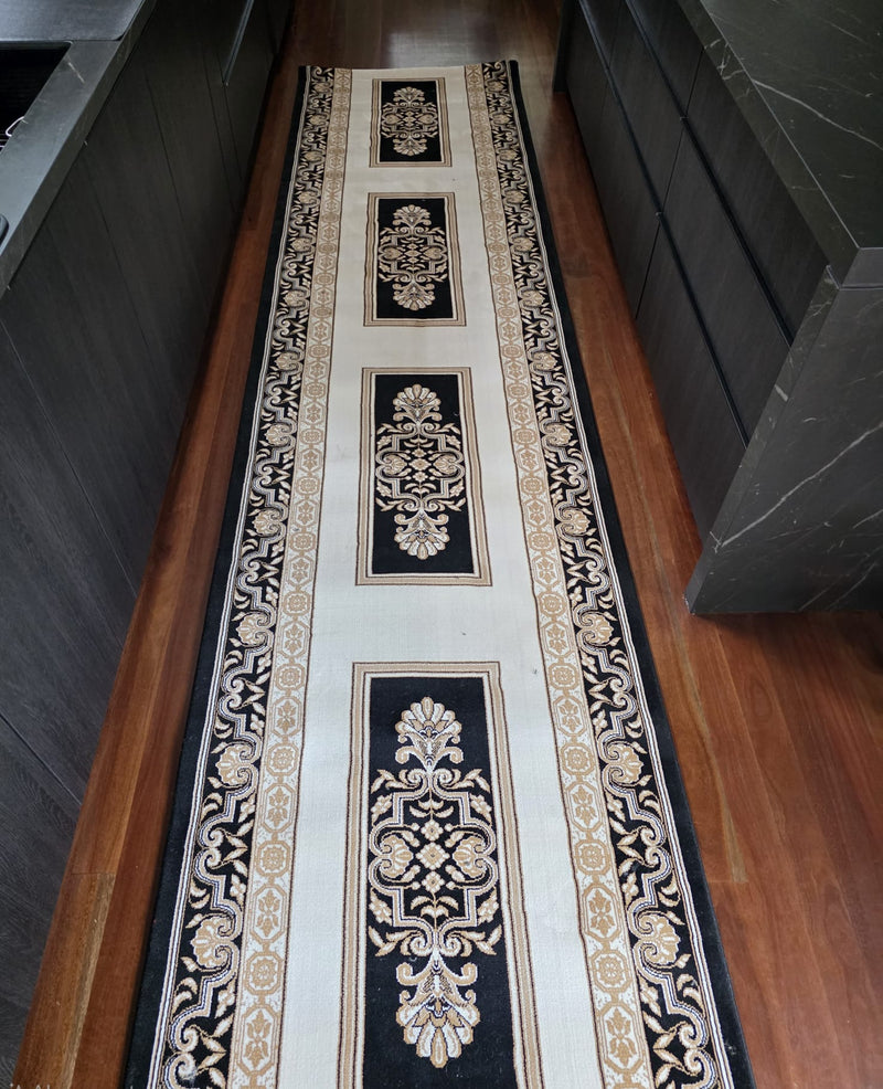 Royal Runner Rug Texture Royal King Special Black Cream Runner Rug — SydneyRugsOnline