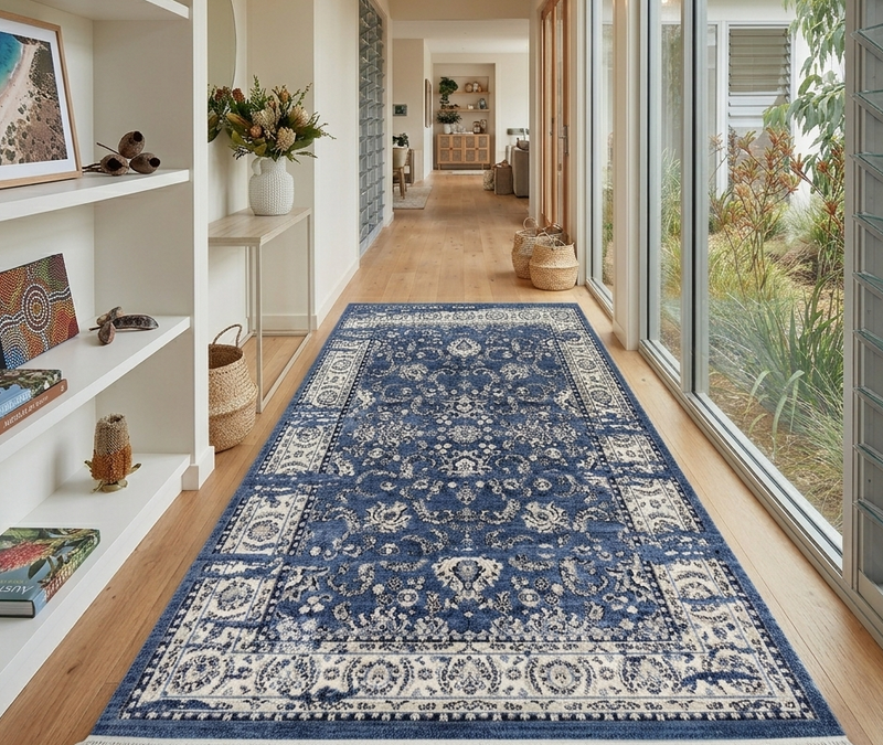 Aarya Navy Blue Ziegler Distressed Ikat Runner Rug