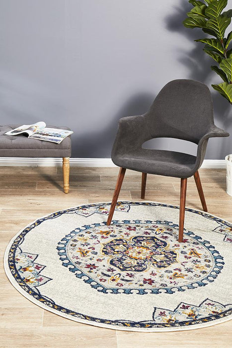 Eclectic Varied  White Round Rug