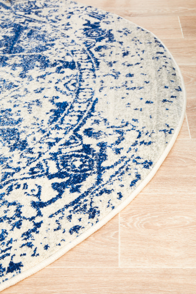 Summon Horizon White Navy Transitional Round Rug