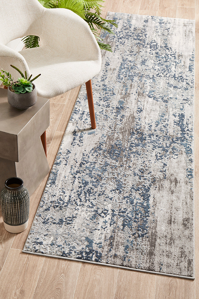 Casper Distressed Modern Blue Grey White Runner Rug