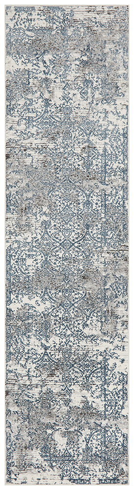 Yasmin Distressed Transitional White Blue Grey Runner Rug