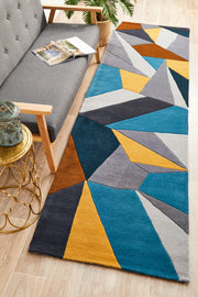 Laura Designer Wool Blue Yellow Grey Runner Rug