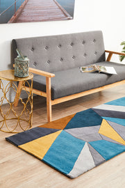 Laura Designer Wool Blue Yellow Grey Runner Rug