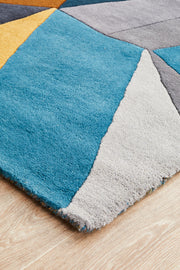 Laura Designer Wool Blue Yellow Grey Runner Rug