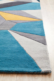 Laura Designer Wool Blue Yellow Grey Runner Rug
