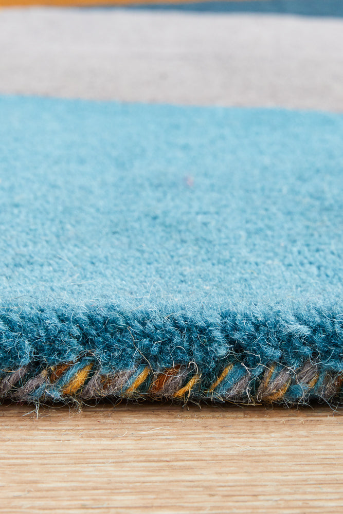 Laura Designer Wool Blue Yellow Grey Runner Rug