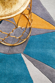 Laura Designer Wool Blue Yellow Grey Runner Rug