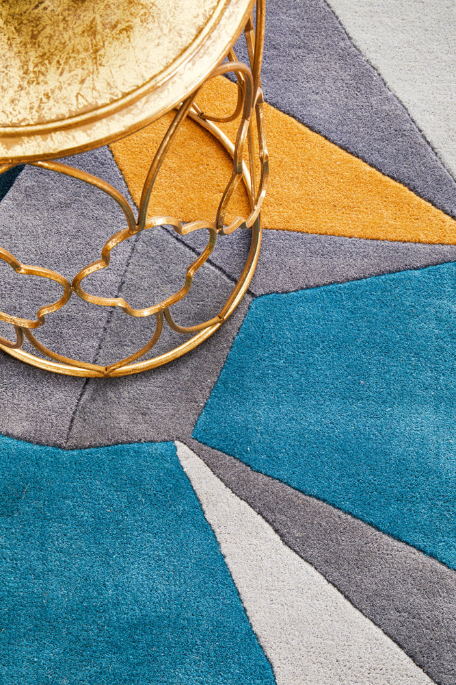 Laura Designer Wool Blue Yellow Grey Runner Rug