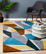 Laura Designer Wool Blue Yellow Grey Rug