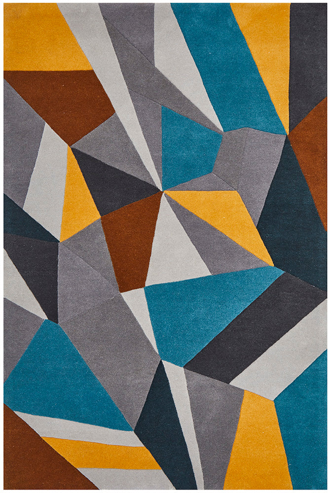 Laura Designer Wool Blue Yellow Grey Rug