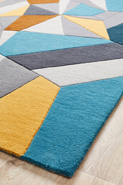 Laura Designer Wool Blue Yellow Grey Rug
