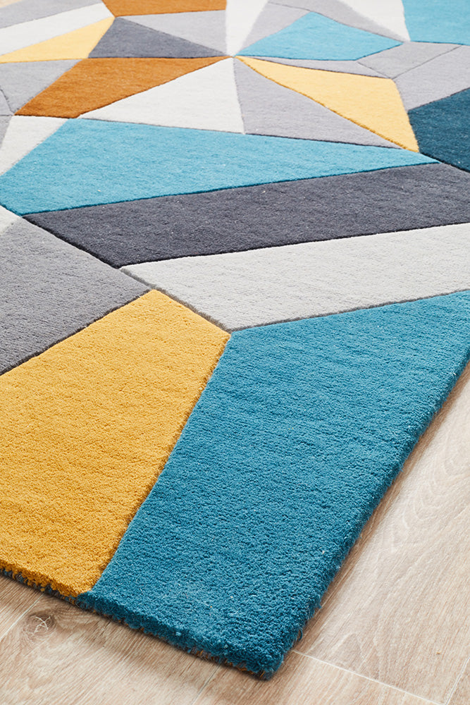 Laura Designer Wool Blue Yellow Grey Rug