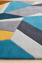 Laura Designer Wool Blue Yellow Grey Rug