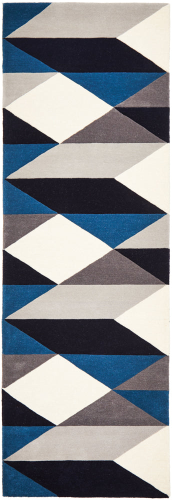 Digital Designer Wool Blue Grey White Runner Rug