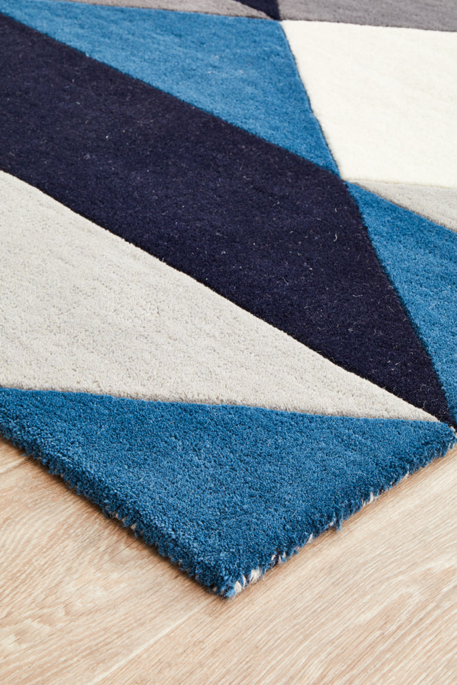 Digital Designer Wool Blue Grey White Runner Rug
