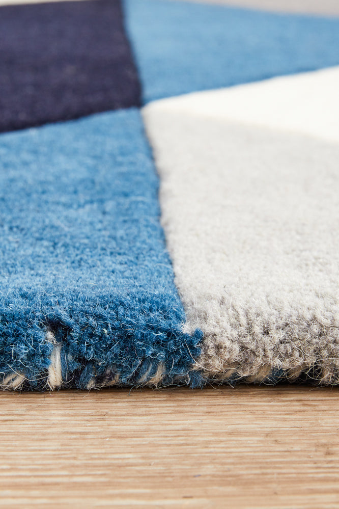 Digital Designer Wool Blue Grey White Runner Rug