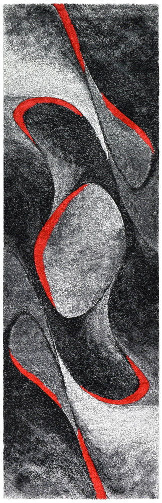 Pompon Brim Grey Red Runner Rug